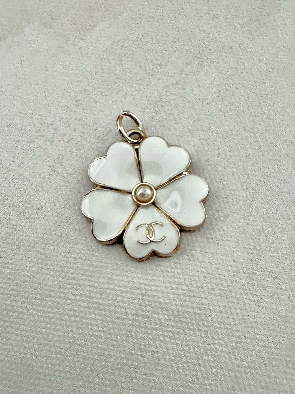Chanel White Camellia Four-Leaf Flower Pearl CC Logo Charm Pendant Upcycle